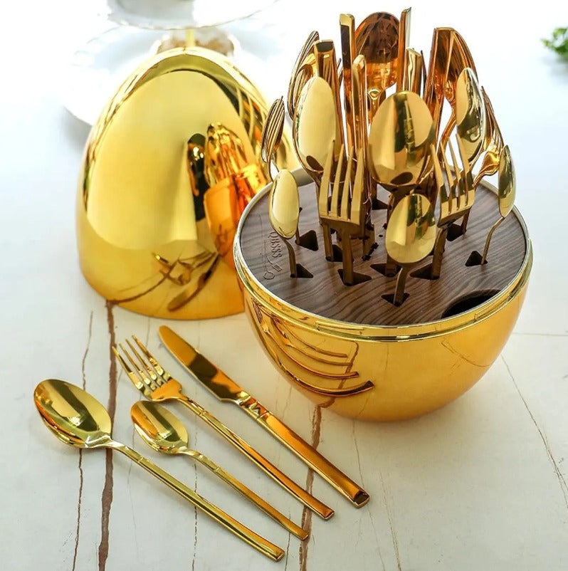 24 Cubiertos Acero Inoxidable Oro Huevo